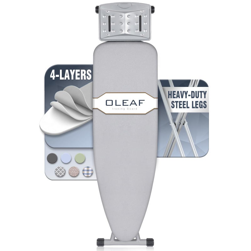 oleaf Ironing Board with Cover and Thicken Pad 43 x 13 Height Adjustable Full Size Foldable Iron Board with Iron Rest, Stable Steel Legs, Metal Construction, Heat Resistant, Silver - Image 1