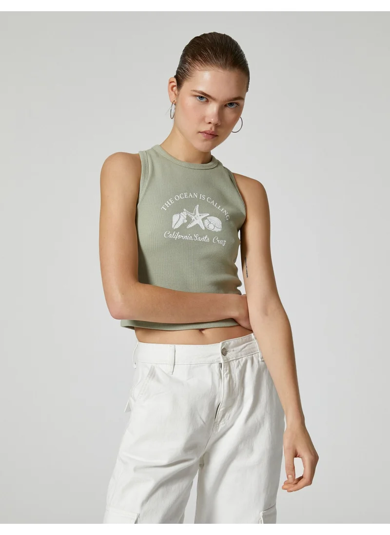 KOTON Crop Printed Undershirt Round Neck Ribbed Cotton