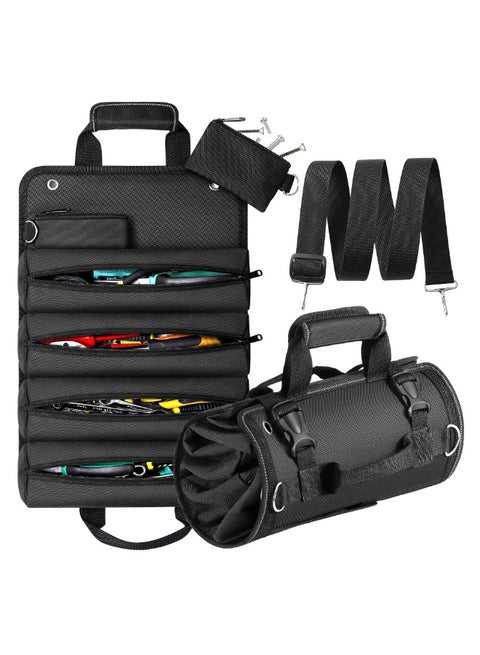 Tool Organizer Bag, Foldable Roll Up Bag Organizer w/ 2 Detachable Pouches, Heavy Duty Tool Storage Organization for Mechanic Carrying Toolbag, Dad Men Birthday Father Day, Gifts for Him (Black)