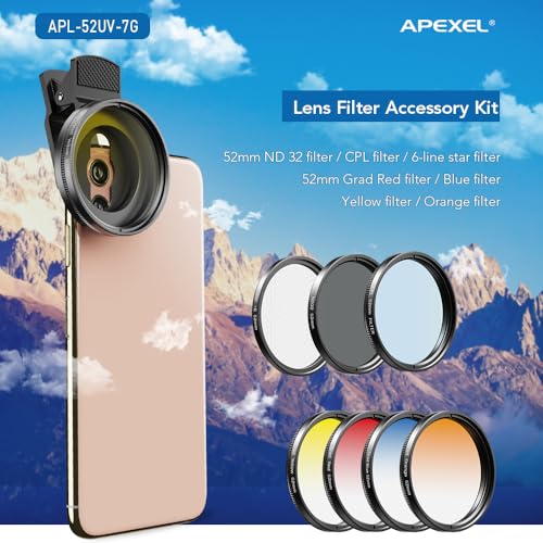 Apexel 52mm Filter Lens Kit (Graduated Filter Lens-Red Orange Yellow Blue, CPL, ND32, Star Lens-6 Point) for Smartphone Camera Canon Nikon Sony Olympus - Image 2