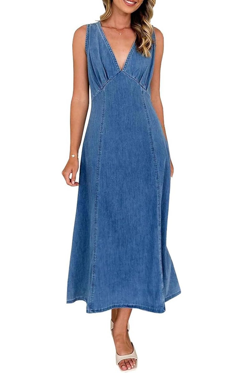 yoeasy Women's Summer Denim Dress Sleeveless V Neck High Waist Trendy Casual A Line Jean Maxi Dress (Small, Blue) - Image 1