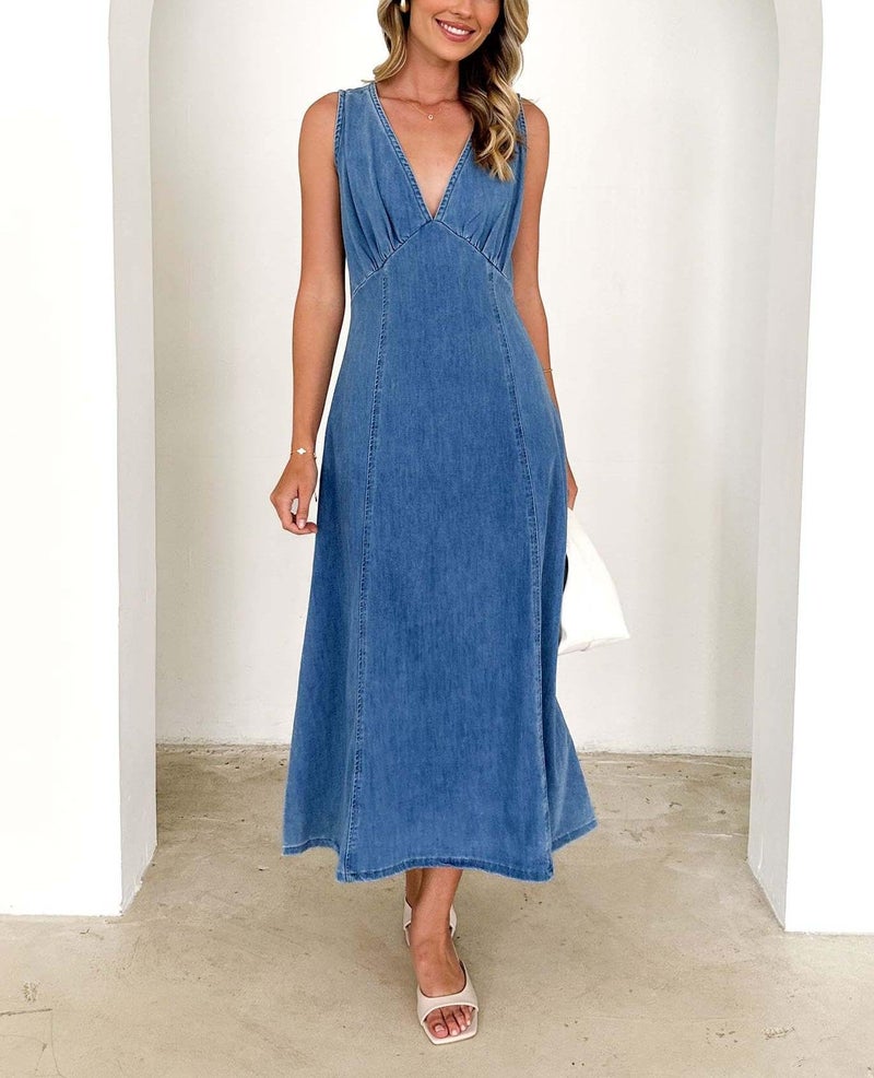 yoeasy Women's Summer Denim Dress Sleeveless V Neck High Waist Trendy Casual A Line Jean Maxi Dress (Small, Blue) - Image 2
