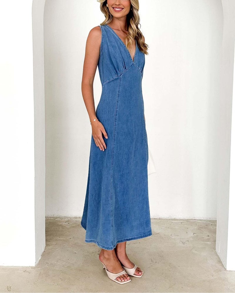 yoeasy Women's Summer Denim Dress Sleeveless V Neck High Waist Trendy Casual A Line Jean Maxi Dress (Small, Blue) - Image 3