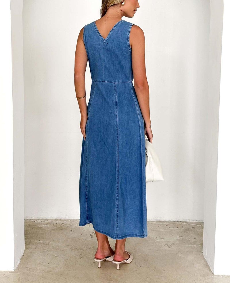 yoeasy Women's Summer Denim Dress Sleeveless V Neck High Waist Trendy Casual A Line Jean Maxi Dress (Small, Blue) - Image 4