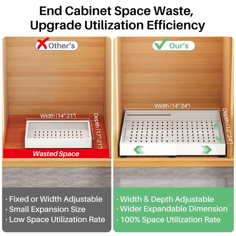 Kitstorack 2 Pack Pull out Cabinet Organizer, Expandable Width(14"-24"), Depth(13"-24") with 3 Rails, Slide Out Drawers With Raising Pad for Framed Cabinets, with Adhesive Film for Cabinets in Kitchen, White - Image 3