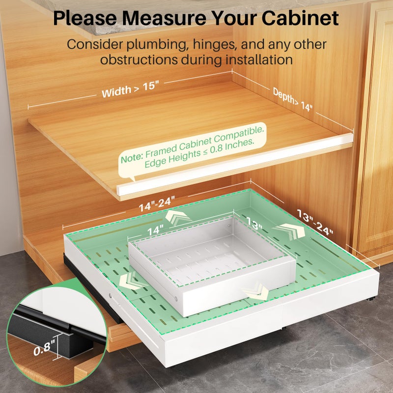 Kitstorack 2 Pack Pull out Cabinet Organizer, Expandable Width(14"-24"), Depth(13"-24") with 3 Rails, Slide Out Drawers With Raising Pad for Framed Cabinets, with Adhesive Film for Cabinets in Kitchen, White - Image 2