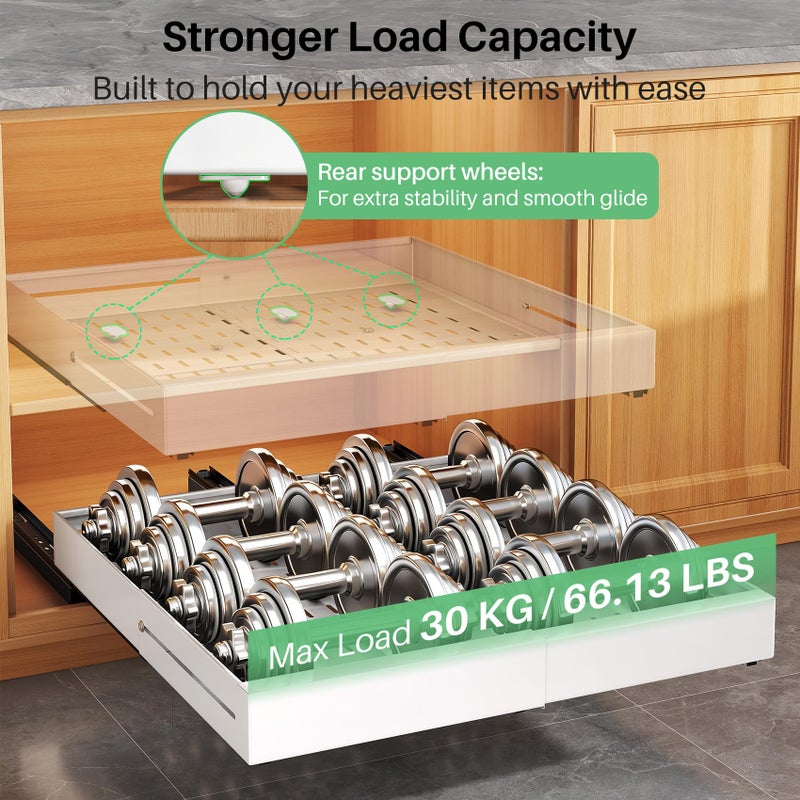 Kitstorack 2 Pack Pull out Cabinet Organizer, Expandable Width(14"-24"), Depth(13"-24") with 3 Rails, Slide Out Drawers With Raising Pad for Framed Cabinets, with Adhesive Film for Cabinets in Kitchen, White - Image 4
