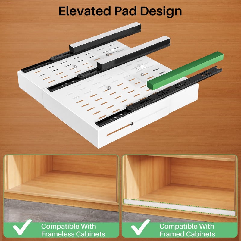 Kitstorack 2 Pack Pull out Cabinet Organizer, Expandable Width(14"-24"), Depth(13"-24") with 3 Rails, Slide Out Drawers With Raising Pad for Framed Cabinets, with Adhesive Film for Cabinets in Kitchen, White - Image 5