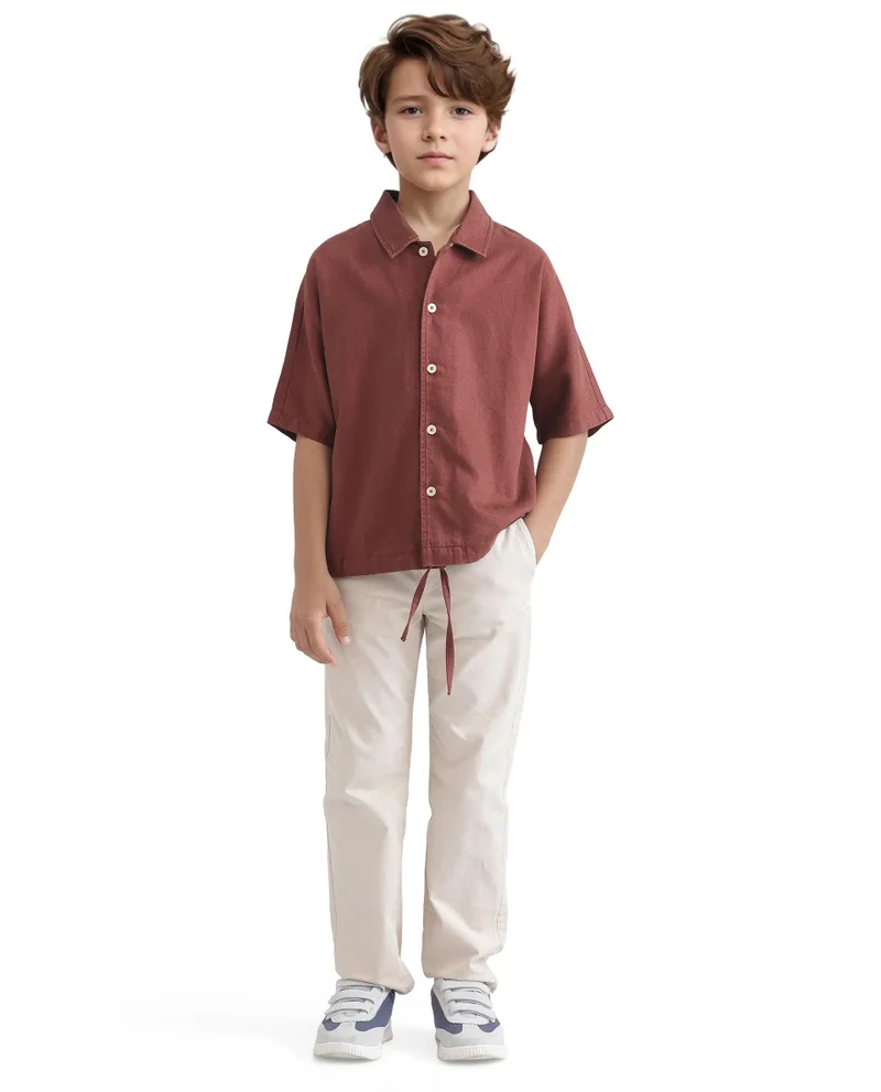 رير ونز Rare Ones Kids Qirk Brown Cotton Blend Half Sleeve Solid Regular Shirt