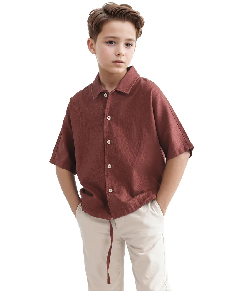 رير ونز Rare Ones Kids Qirk Brown Cotton Blend Half Sleeve Solid Regular Shirt