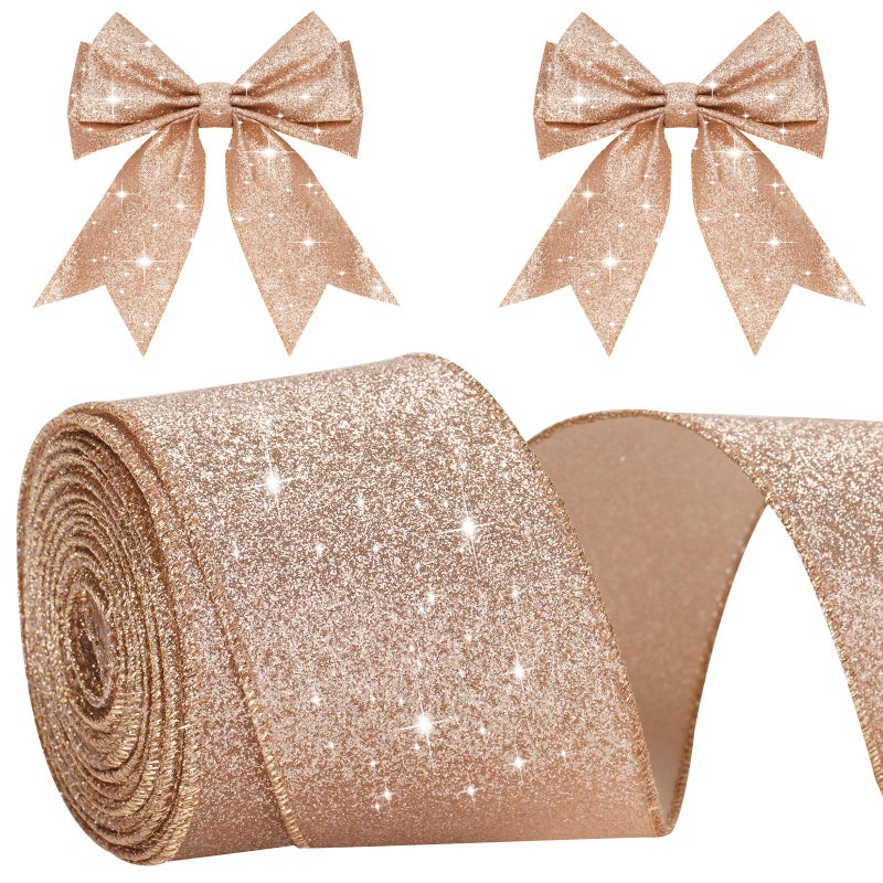 KINGLAKE Rose Gold Wired Glitter Christmas Ribbon 6cm Metallic Wrapping Ribbon for Gift Wrapping Wreaths Crafts Christmas Tree  Wedding Decorations