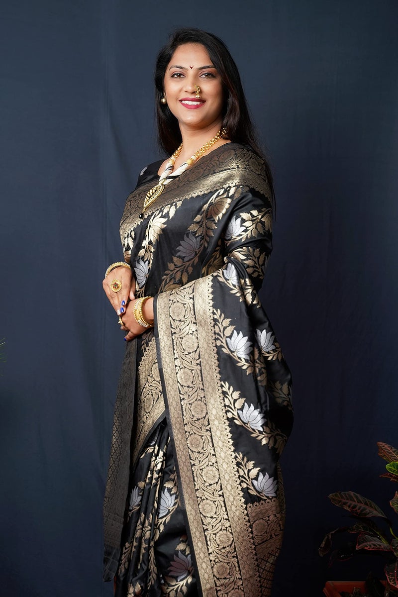 AMIRAT Women's Banarasi Silk Saree and Unstitched Blouse Piece with Woven Floral Design | Saree Blouse for Women | Black - Image 4