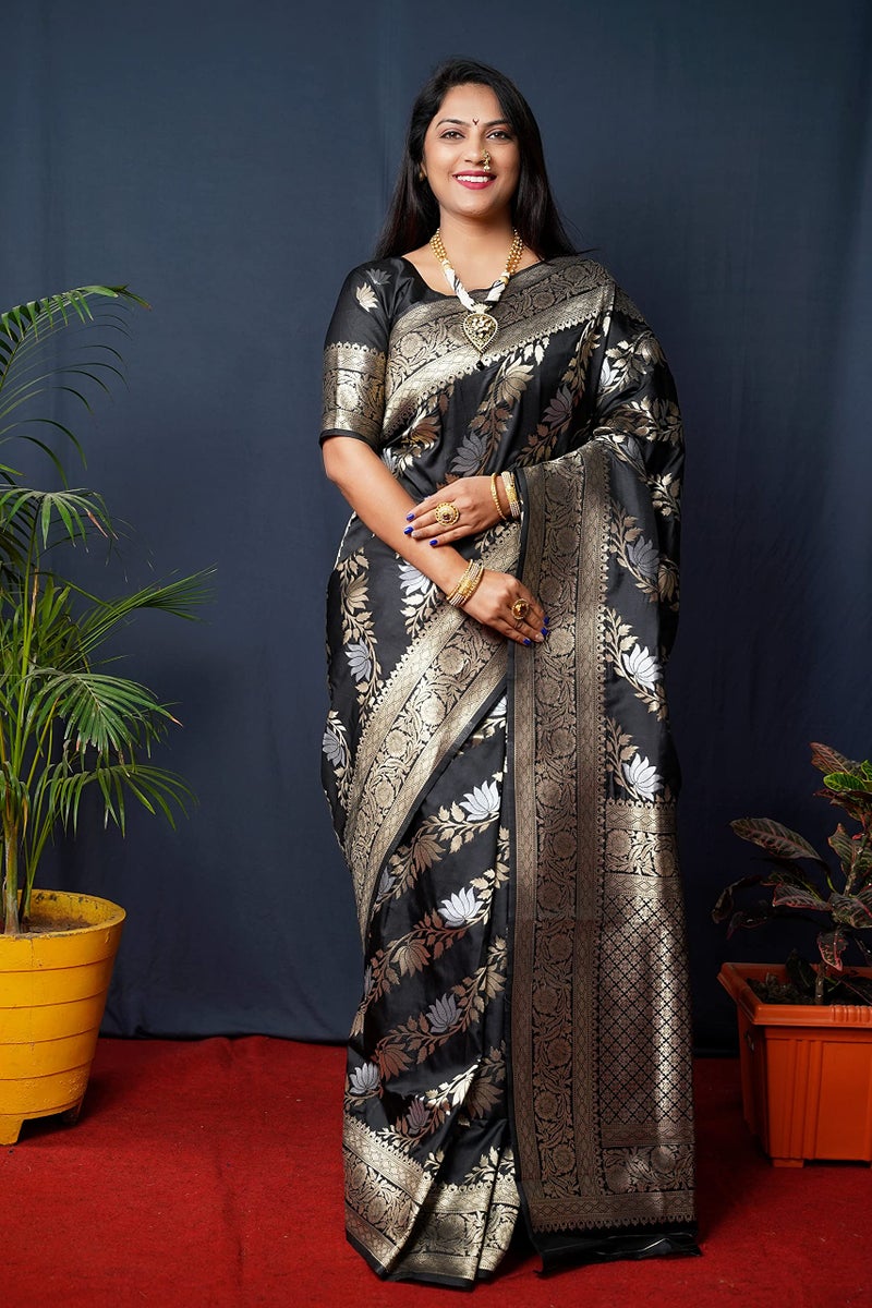 AMIRAT Women's Banarasi Silk Saree and Unstitched Blouse Piece with Woven Floral Design | Saree Blouse for Women | Black - Image 2