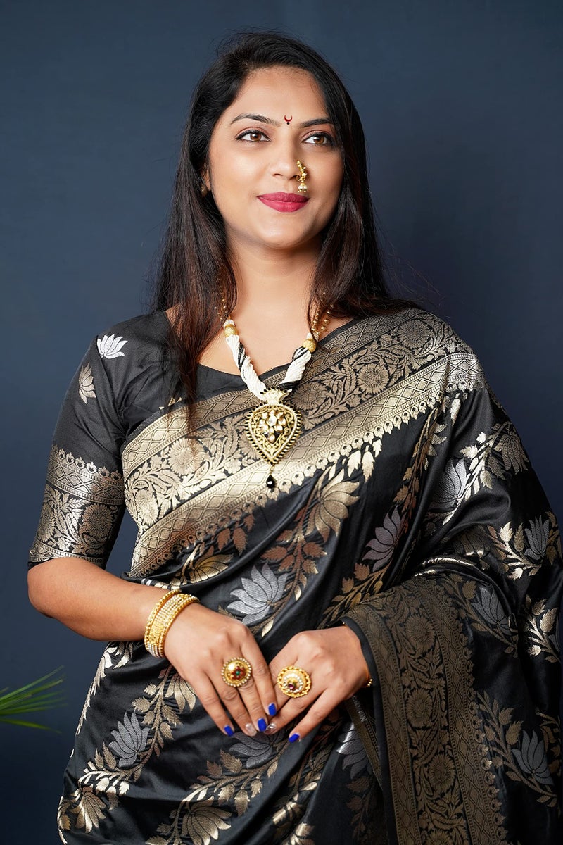 AMIRAT Women's Banarasi Silk Saree and Unstitched Blouse Piece with Woven Floral Design | Saree Blouse for Women | Black - Image 3