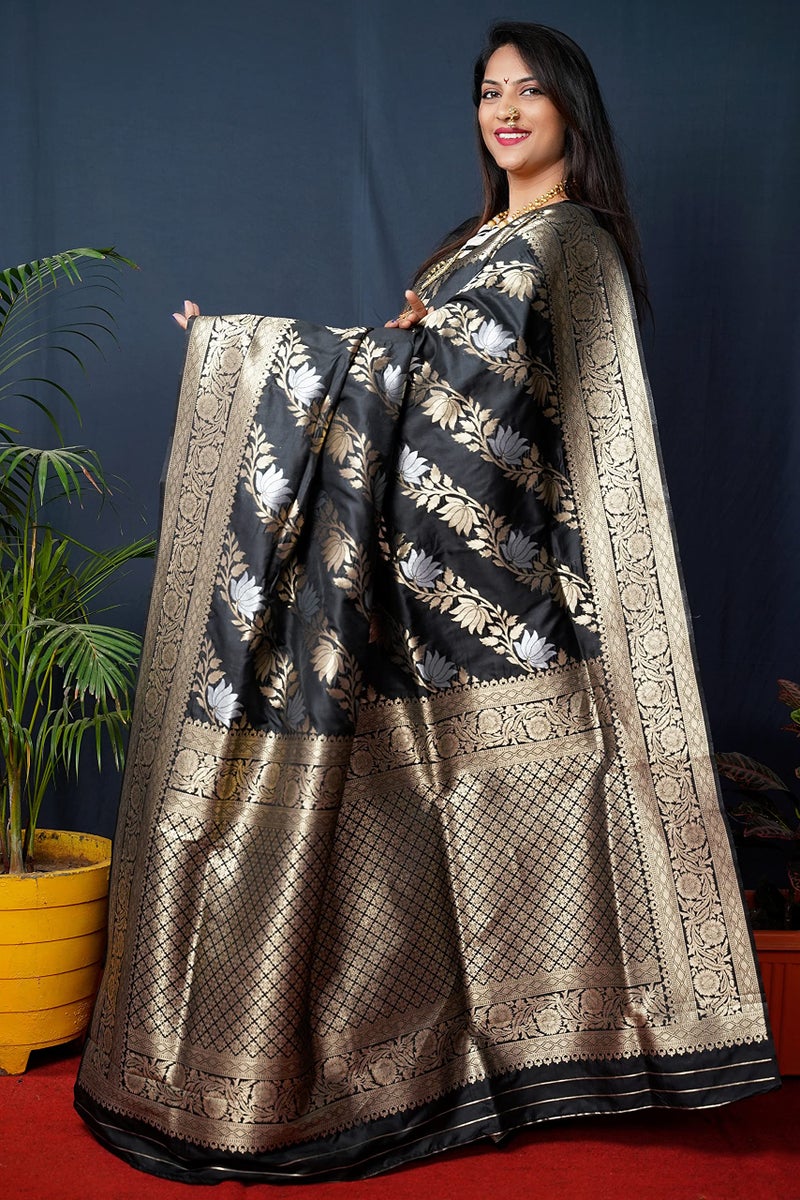 AMIRAT Women's Banarasi Silk Saree and Unstitched Blouse Piece with Woven Floral Design | Saree Blouse for Women | Black - Image 5