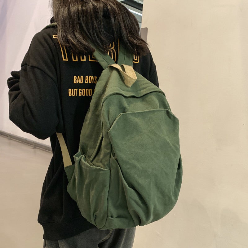 Japanese And Korean Casual Large-Capacity School Bag Forest Style Literary Youth Simple Pure Color Unprinted Canvas Backpack - Image 2