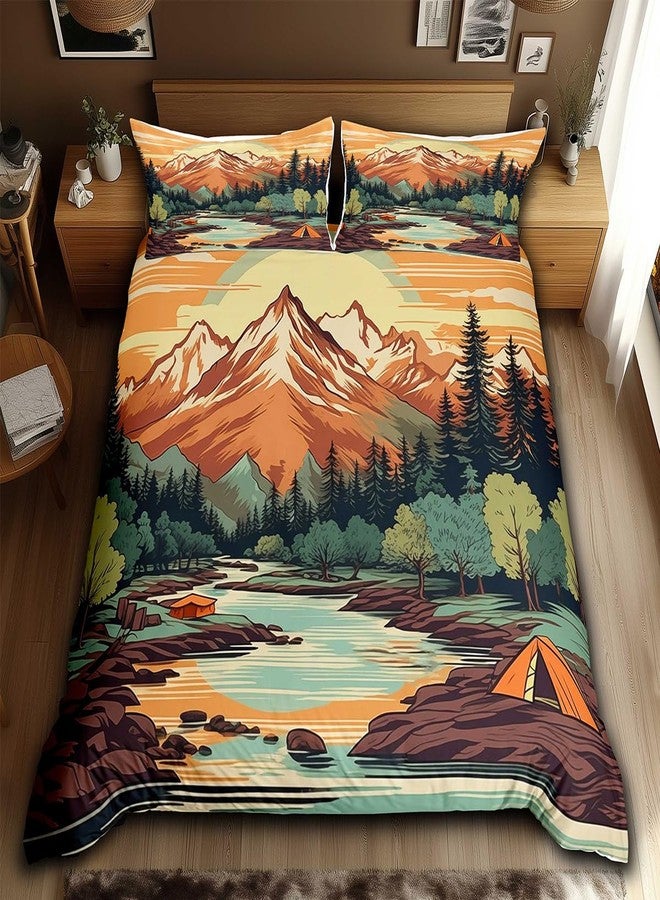 Homewish Mountain River Duvet Cover Set Queen Size,Retro Adventure Theme Comforter Cover 3Pcs,Nature Scenery Tent Bedding Set Kids Boys Girls Room Decor,Camping Bedspreads Cover,2 Pillowcases(NO Comforter) - Image 1