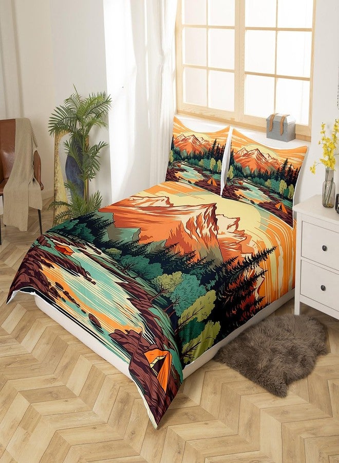 Homewish Mountain River Duvet Cover Set Queen Size,Retro Adventure Theme Comforter Cover 3Pcs,Nature Scenery Tent Bedding Set Kids Boys Girls Room Decor,Camping Bedspreads Cover,2 Pillowcases(NO Comforter) - Image 3
