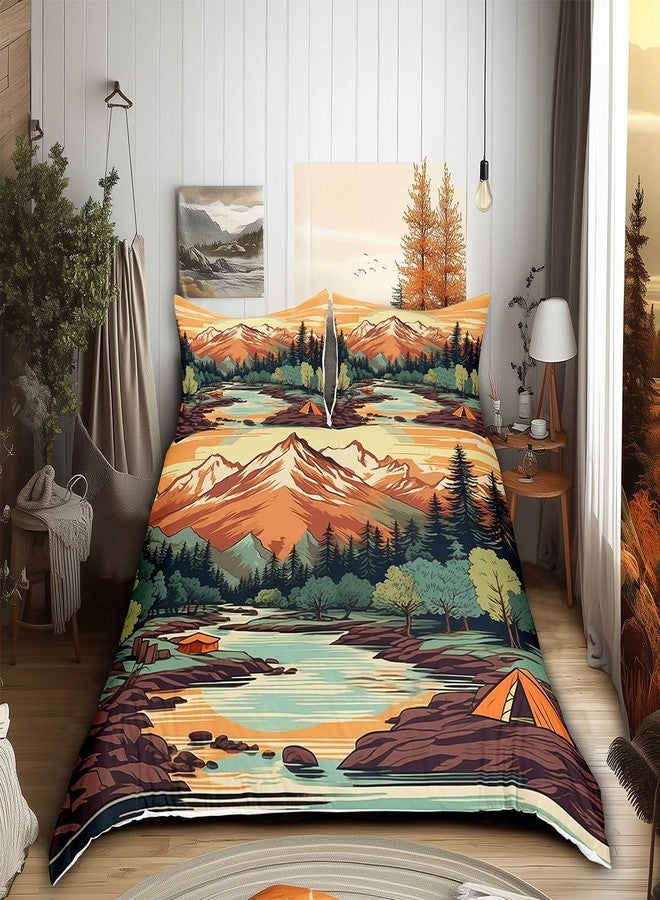 Homewish Mountain River Duvet Cover Set Queen Size,Retro Adventure Theme Comforter Cover 3Pcs,Nature Scenery Tent Bedding Set Kids Boys Girls Room Decor,Camping Bedspreads Cover,2 Pillowcases(NO Comforter) - Image 2