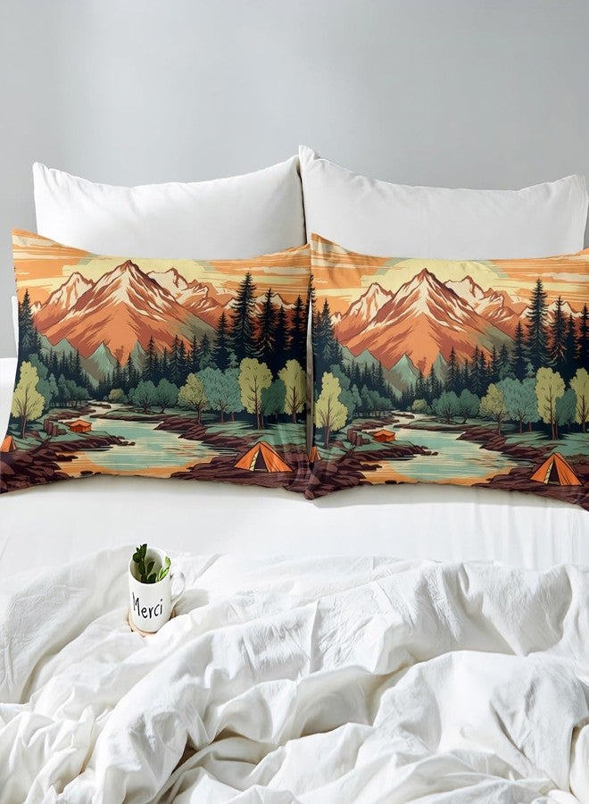 Homewish Mountain River Duvet Cover Set Queen Size,Retro Adventure Theme Comforter Cover 3Pcs,Nature Scenery Tent Bedding Set Kids Boys Girls Room Decor,Camping Bedspreads Cover,2 Pillowcases(NO Comforter) - Image 5