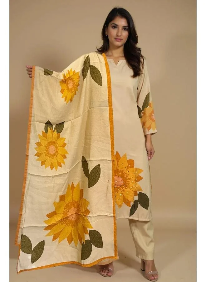 trueBrowns trueBrowns Beige Sunflower Print Kurta Pant Dupatta Set