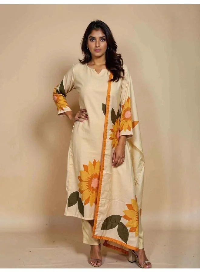 trueBrowns Beige Sunflower Print Kurta Pant Dupatta Set