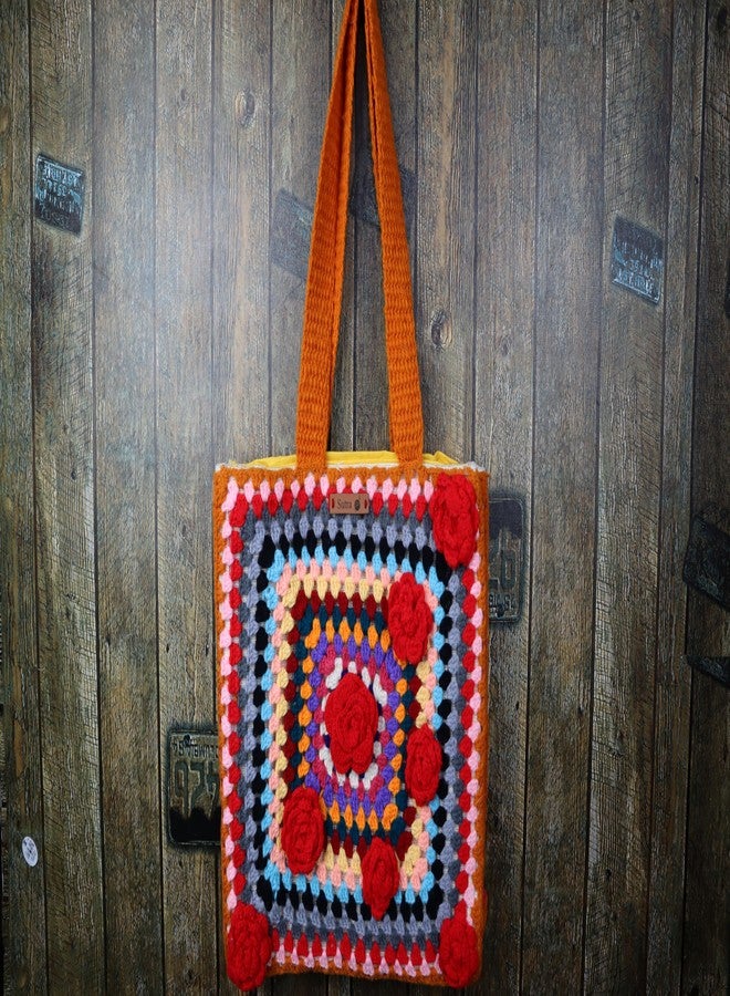 Sutra Handmade Wool Crochet Multicolor Rose Tote Bag | Boho Shoulder Purse | Eco-Friendly Reusable Tote Bag | Summer Beach Handbag for Women Girls - Image 3