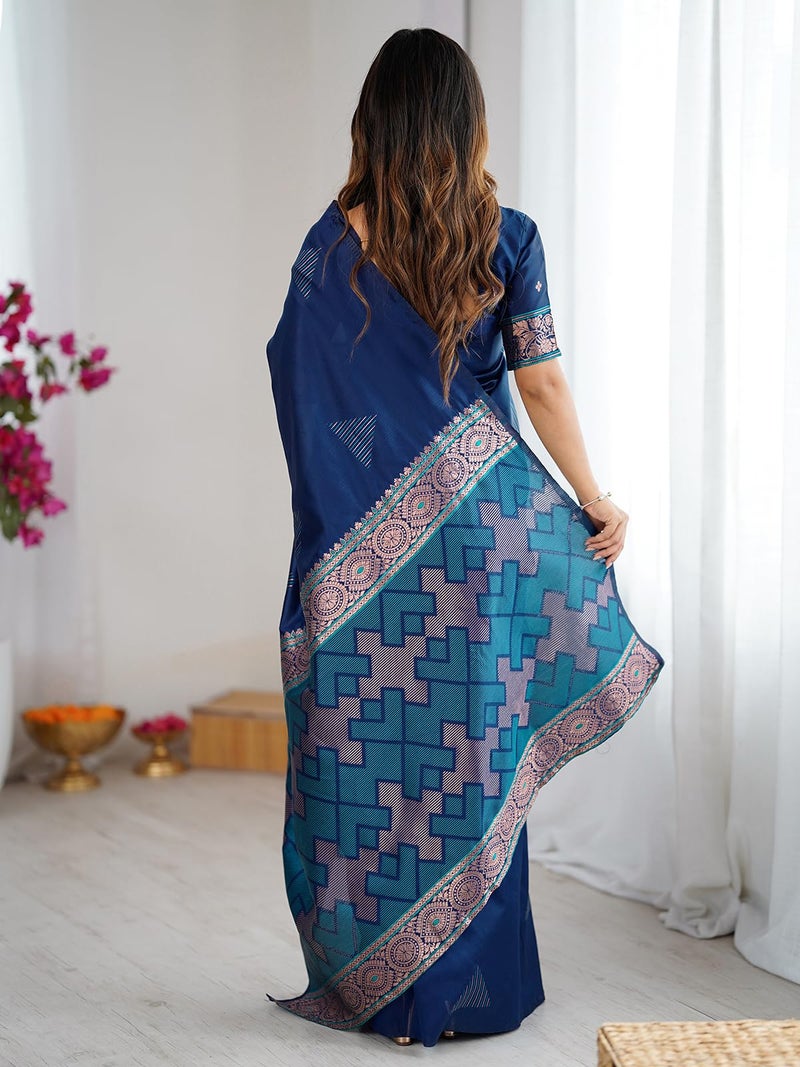 Satrani Women's Weaving Banarasi Silk Saree with Unstitched Blouse Piece (4830S338N_Navy Blue) - Image 3