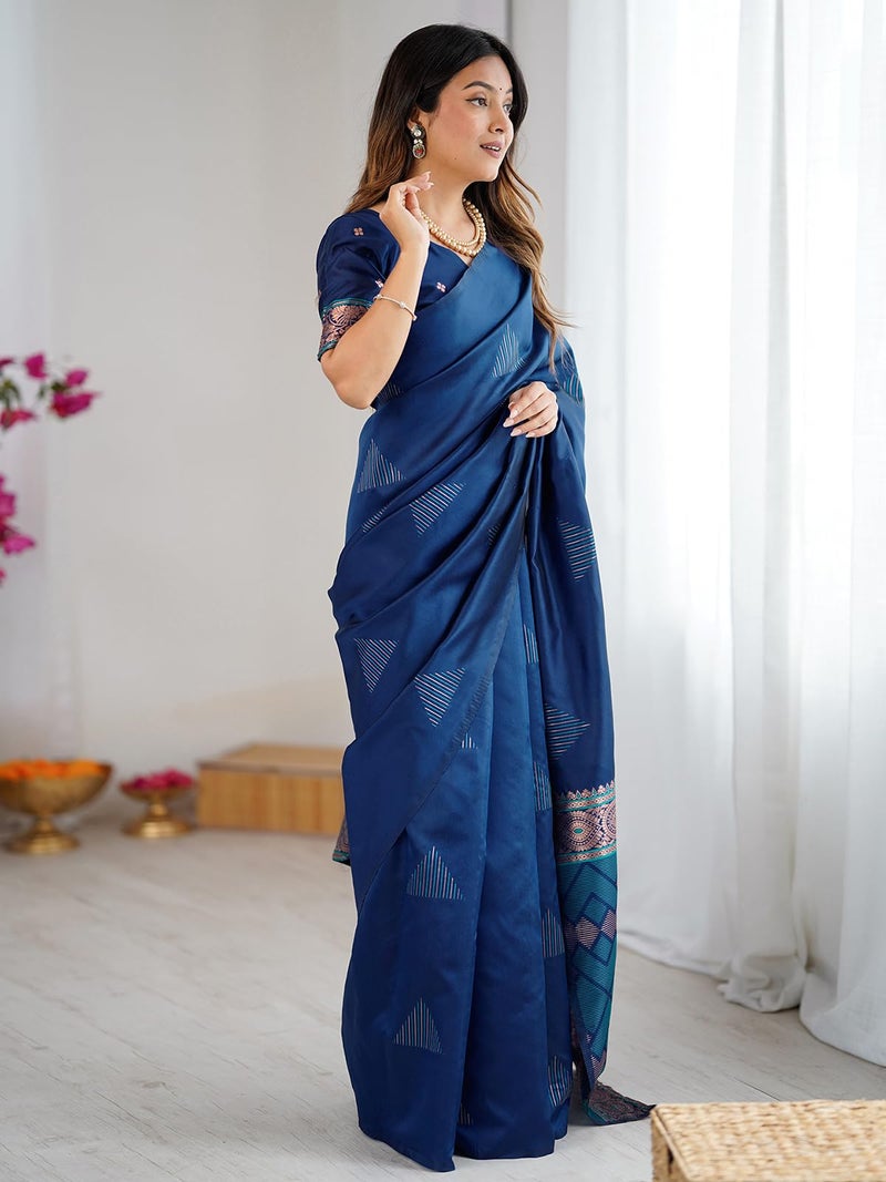 Satrani Women's Weaving Banarasi Silk Saree with Unstitched Blouse Piece (4830S338N_Navy Blue) - Image 4