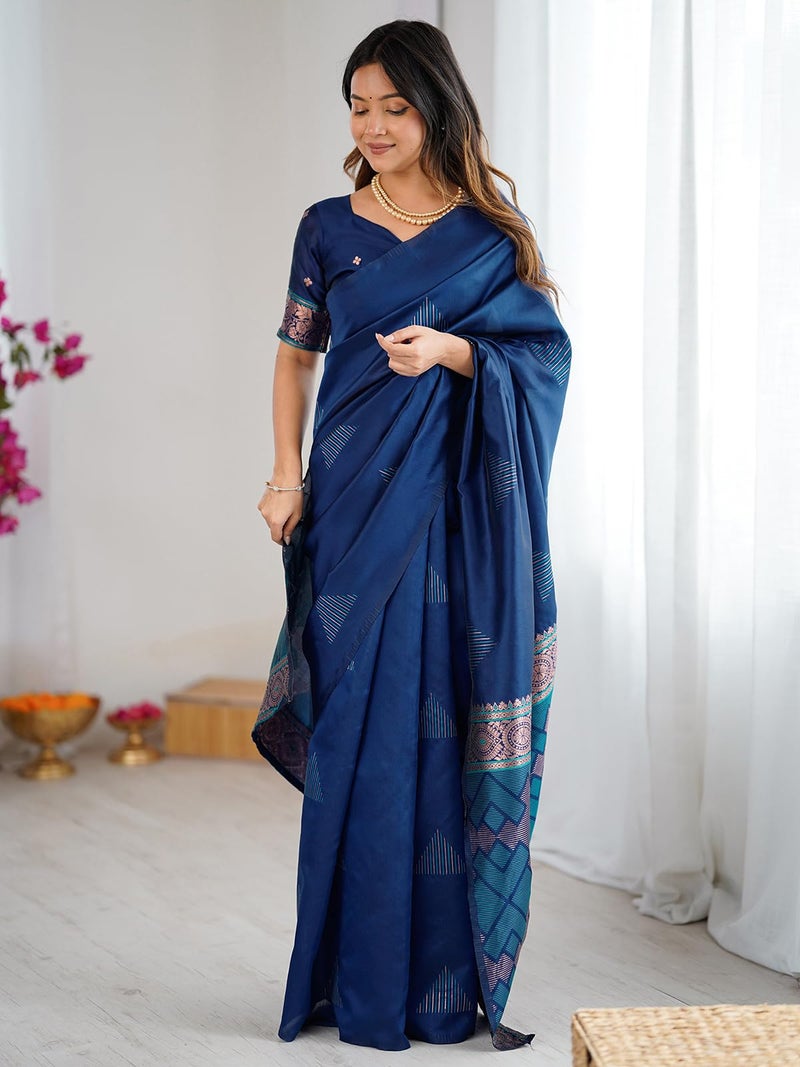 Satrani Women's Weaving Banarasi Silk Saree with Unstitched Blouse Piece (4830S338N_Navy Blue) - Image 2