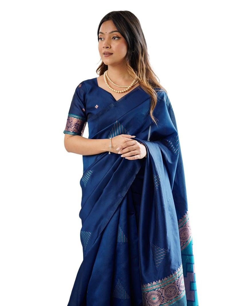 Satrani Women's Weaving Banarasi Silk Saree with Unstitched Blouse Piece (4830S338N_Navy Blue) - Image 1