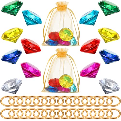 Chalyna 60 Pcs Acrylic Diamond Gem Jewelry Alloy Round Ring Set Halloween Party Favor Pirate Treasure Hunting Cake Decor with Gift Bag for Birthday Fresh Style - Image 1