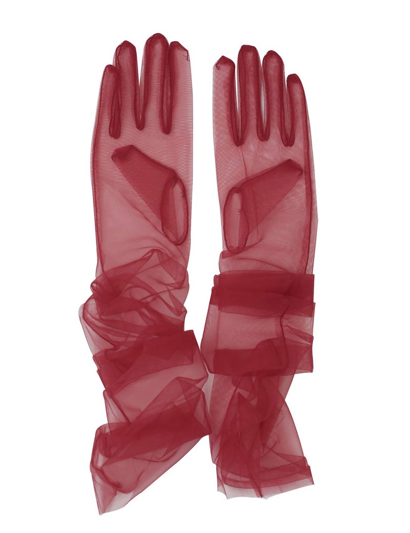 QRBTSCL Women's Wedding Bridal Mesh Tulle Gloves Long Opera Costume Party Gloves 27" Elbow Length Sheer Gloves Burgundy - Image 1