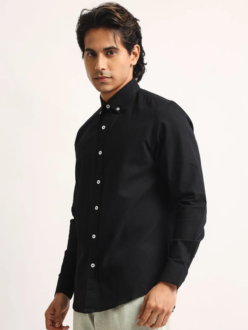Maniac  Maniac Mens Solid Collared Neck Full Sleeve Oxford Linen Blend Fabric Black Shirt for Men | Best Price UAE