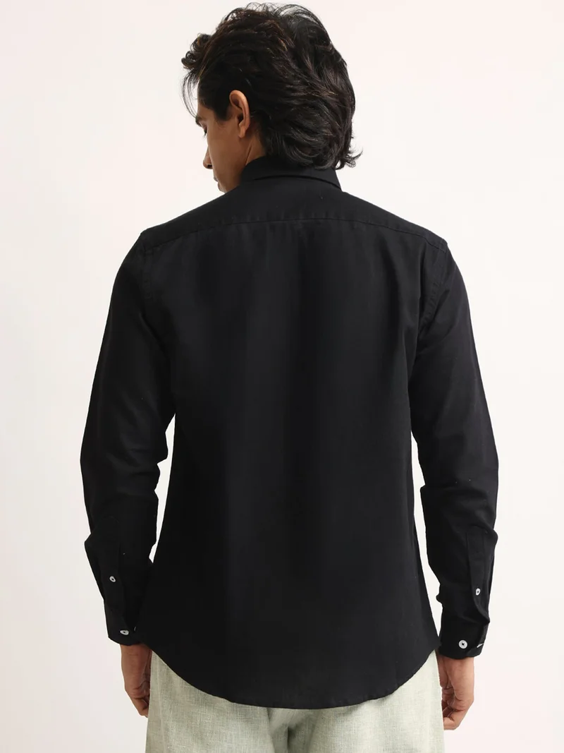 Maniac  Maniac Mens Solid Collared Neck Full Sleeve Oxford Linen Blend Fabric Black Shirt for Men | Best Price UAE