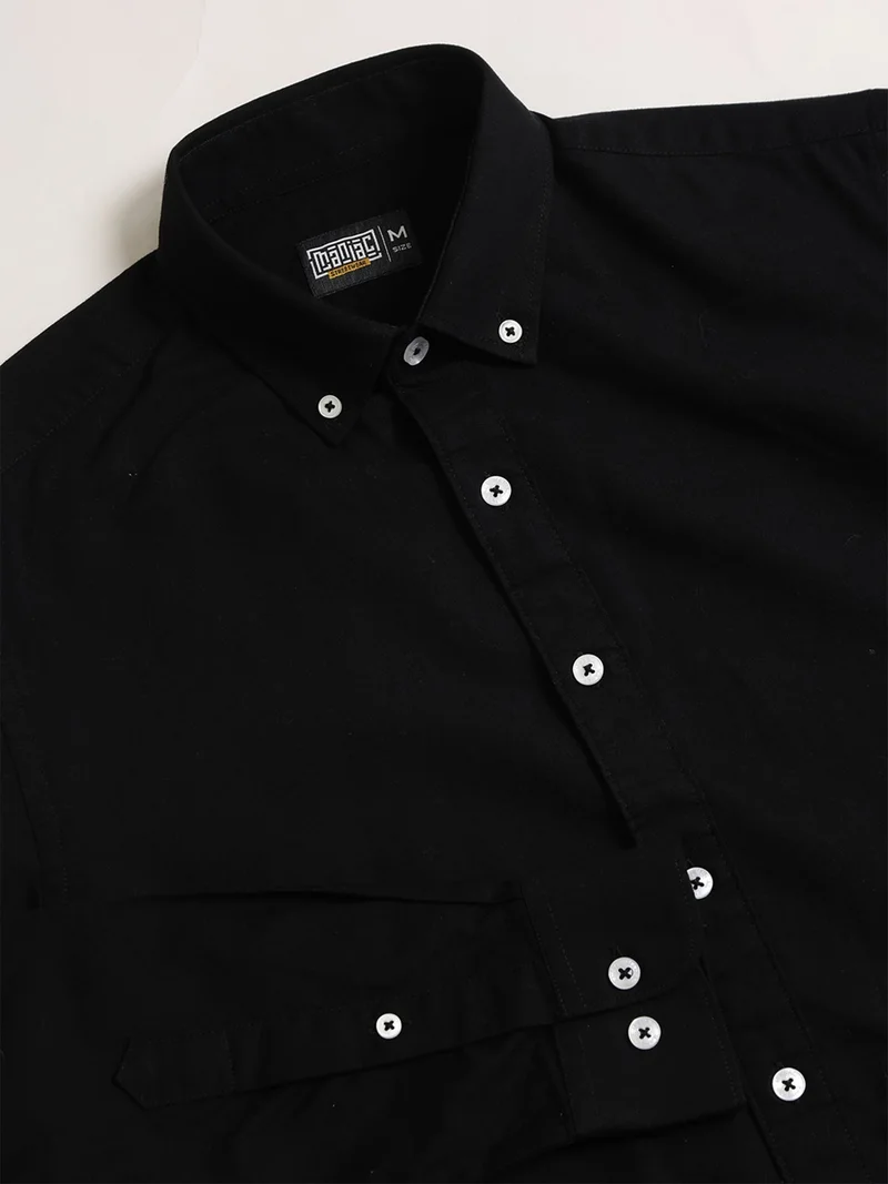 Maniac  Maniac Mens Solid Collared Neck Full Sleeve Oxford Linen Blend Fabric Black Shirt for Men | Best Price UAE