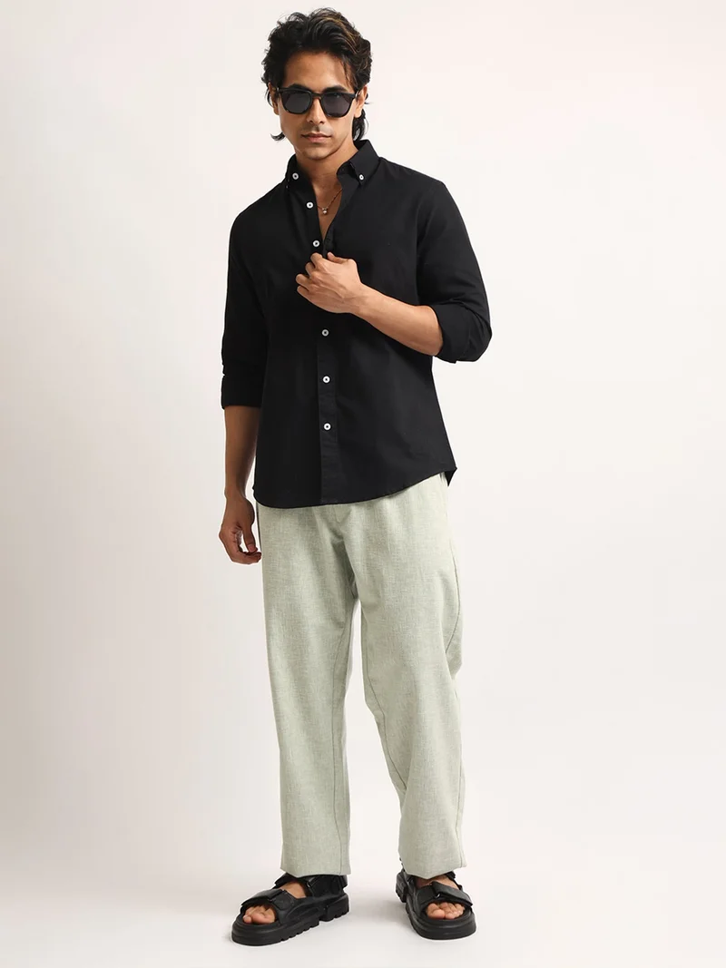 Maniac  Maniac Mens Solid Collared Neck Full Sleeve Oxford Linen Blend Fabric Black Shirt for Men | Best Price UAE