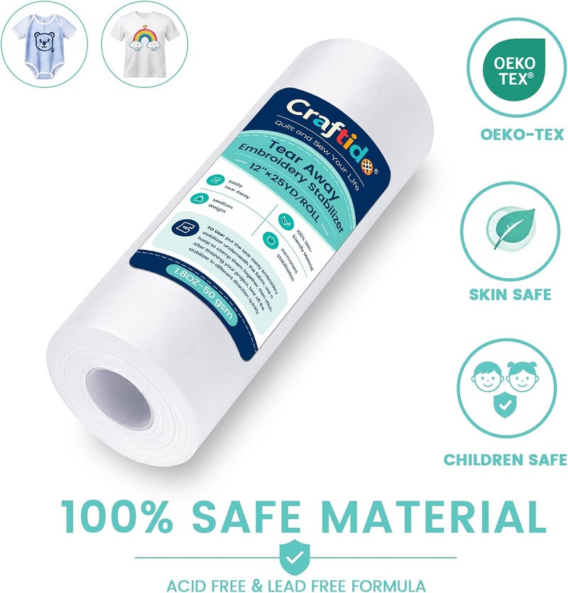 craftido كرافتيدو مثبت تطريز قابل للتمزيق 12 بوصة × 25 ياردة/لفة متوافق مع معظم الطارات 1.8 أونصة وزن متوسط للتطريز الآلي والخياطة اليدوية - Image 3