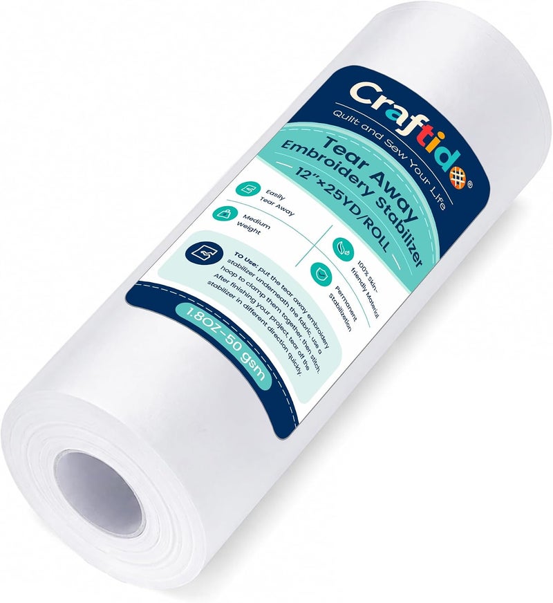 craftido كرافتيدو مثبت تطريز قابل للتمزيق 12 بوصة × 25 ياردة/لفة متوافق مع معظم الطارات 1.8 أونصة وزن متوسط للتطريز الآلي والخياطة اليدوية - Image 1