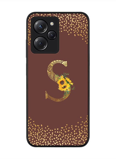 Rugged Black edge case for Poco X5 Pro Slim fit Soft Case Flexible Rubber Edges Anti Drop TPU Gel Thin Cover - Custom Monogram Initial Floral Pattern Alphabet - S - Brown