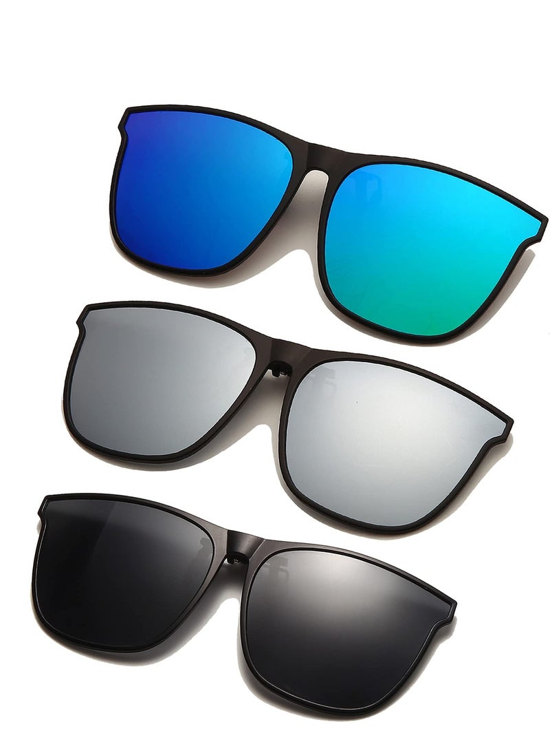 Zikra Clip-on Sunglasses, 3 Pieces Flip-Up Polarized Sunglasses Clips Large Frame Lightweight Women Men Glasses Accessories for Driving Outdoor Fishing (Grey Blue Silver) - Image 1