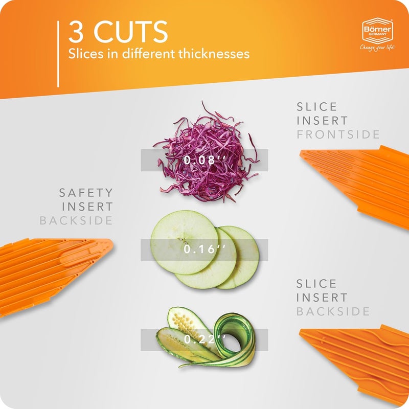 Börner V3 Vegetable Slicer (Base Set) • V-Shaped Mandoline for Slices in 3 Thicknesses • Adjustable Vegetable & Fruit Cutter • With Rubber Feet & Stainless Steel V-Blade • Orange - Image 2