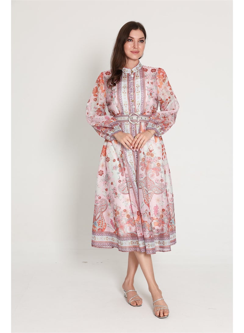 IKKXA Belted Flower Pattern Mid Length Dress IK6015 Peach - Image 1