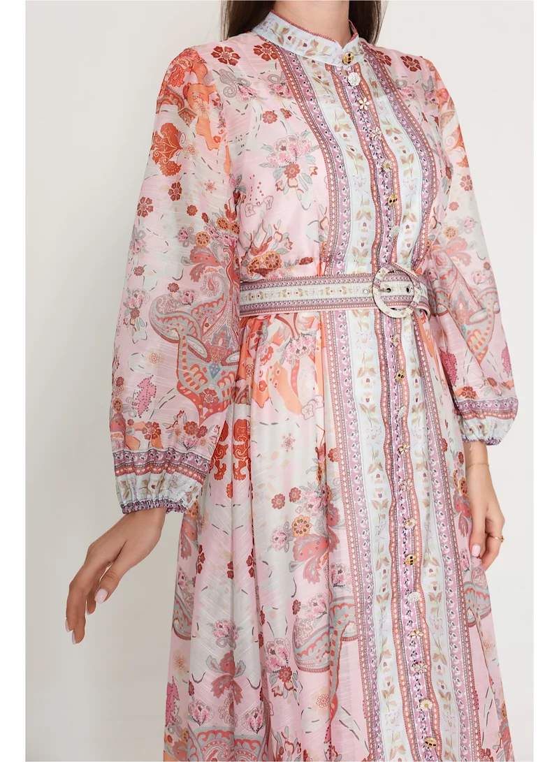 IKKXA Belted Flower Pattern Mid Length Dress IK6015 Peach