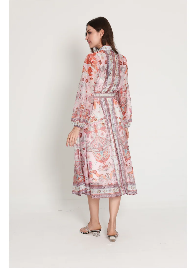 IKKXA Belted Flower Pattern Mid Length Dress IK6015 Peach