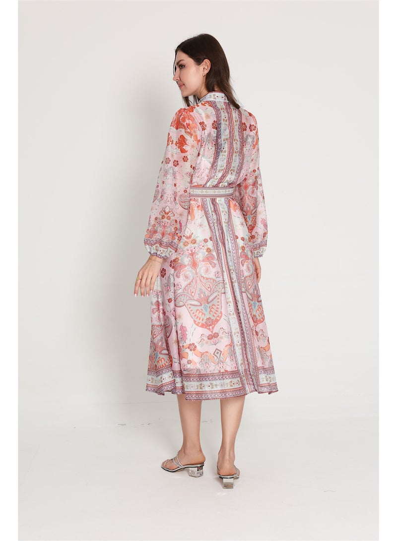 IKKXA Belted Flower Pattern Mid Length Dress IK6015 Peach - Image 3