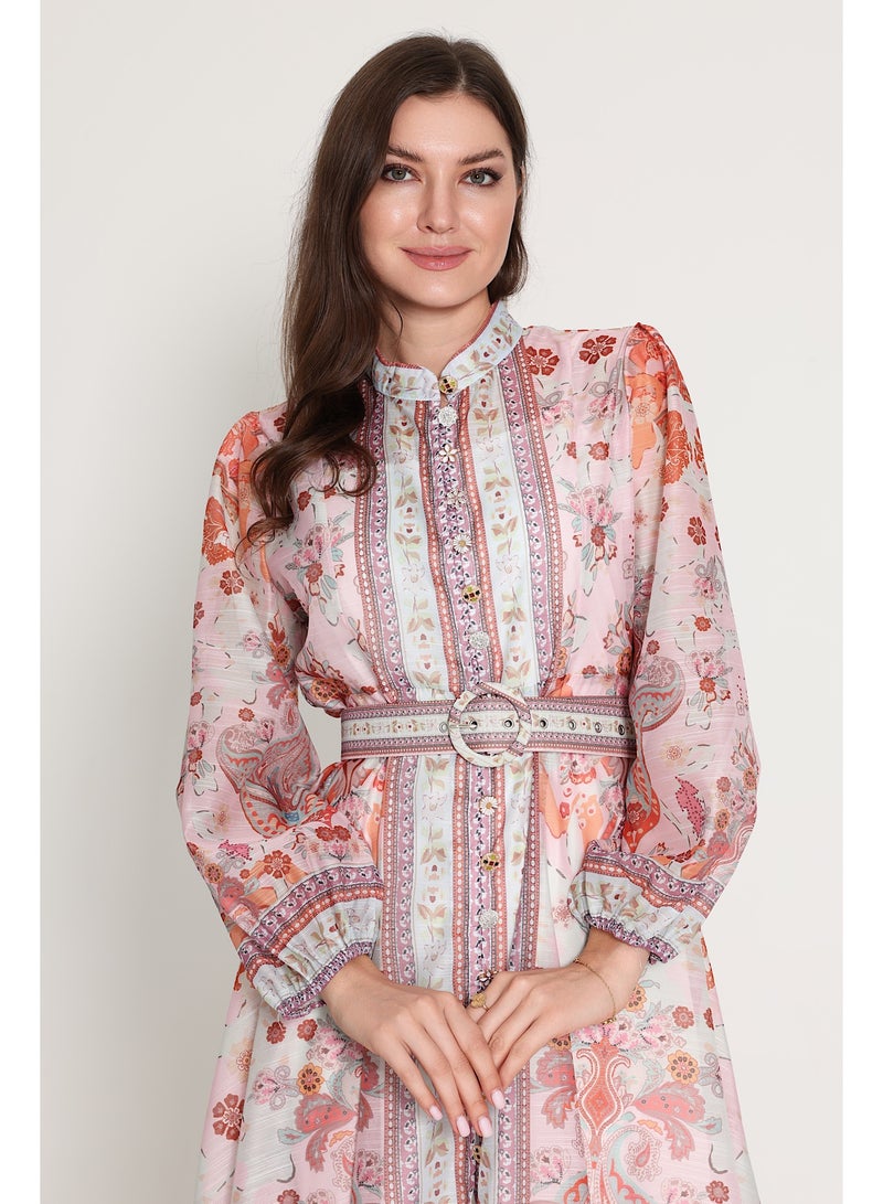 IKKXA Belted Flower Pattern Mid Length Dress IK6015 Peach - Image 2