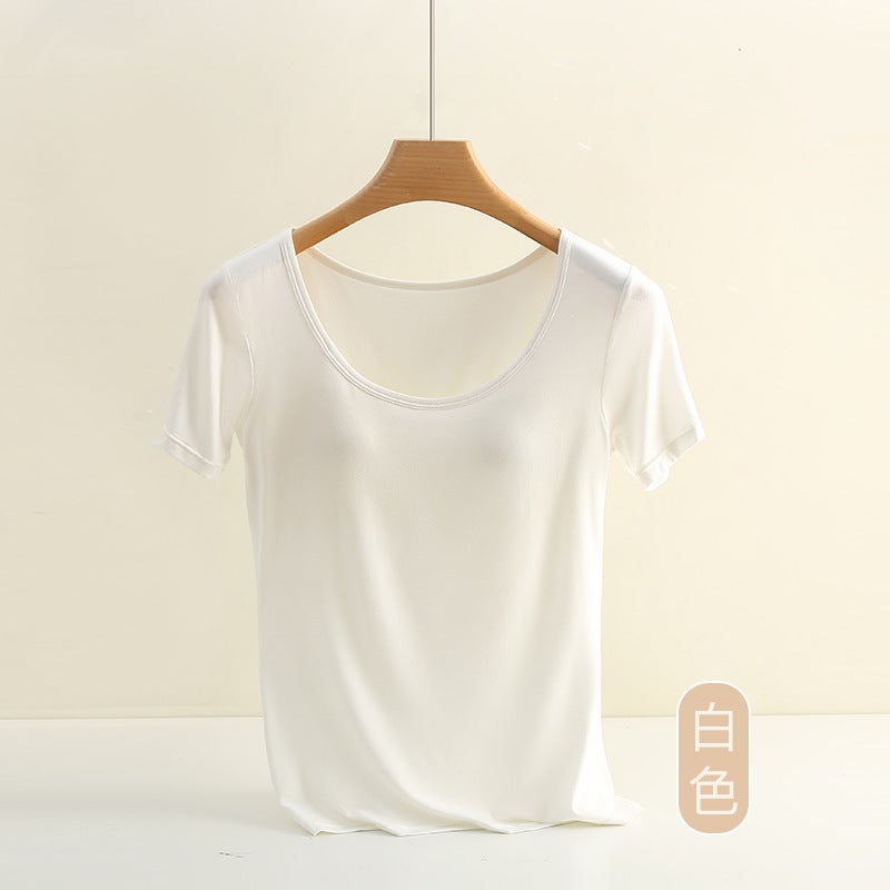Summer modal womens undershirt one-piece wear-free bra Seamless T-shirt short sleeve womens plus size sports base 613# Black - Image 2