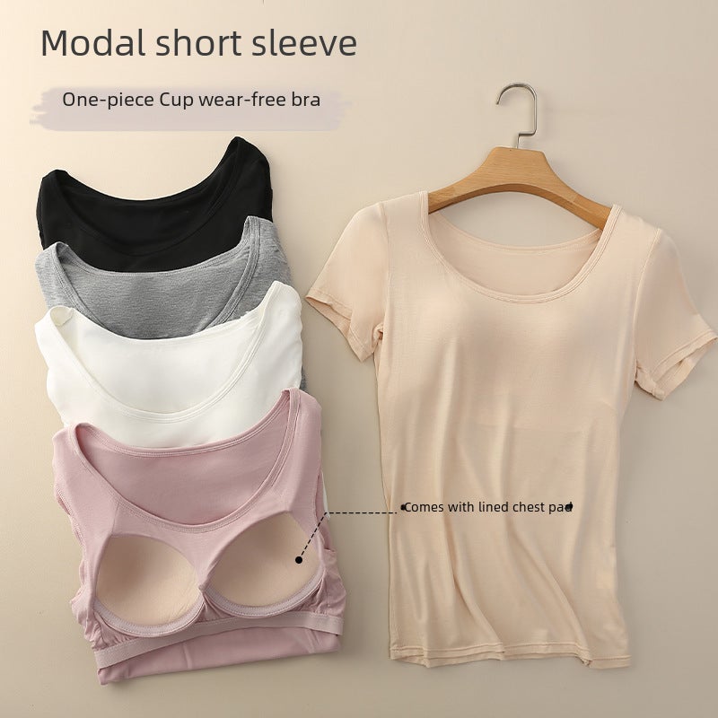 Summer modal womens undershirt one-piece wear-free bra Seamless T-shirt short sleeve womens plus size sports base 613# Black - Image 3