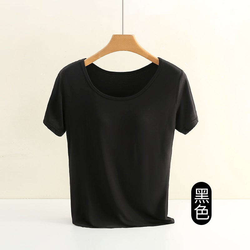Summer modal womens undershirt one-piece wear-free bra Seamless T-shirt short sleeve womens plus size sports base 613# Black - Image 1